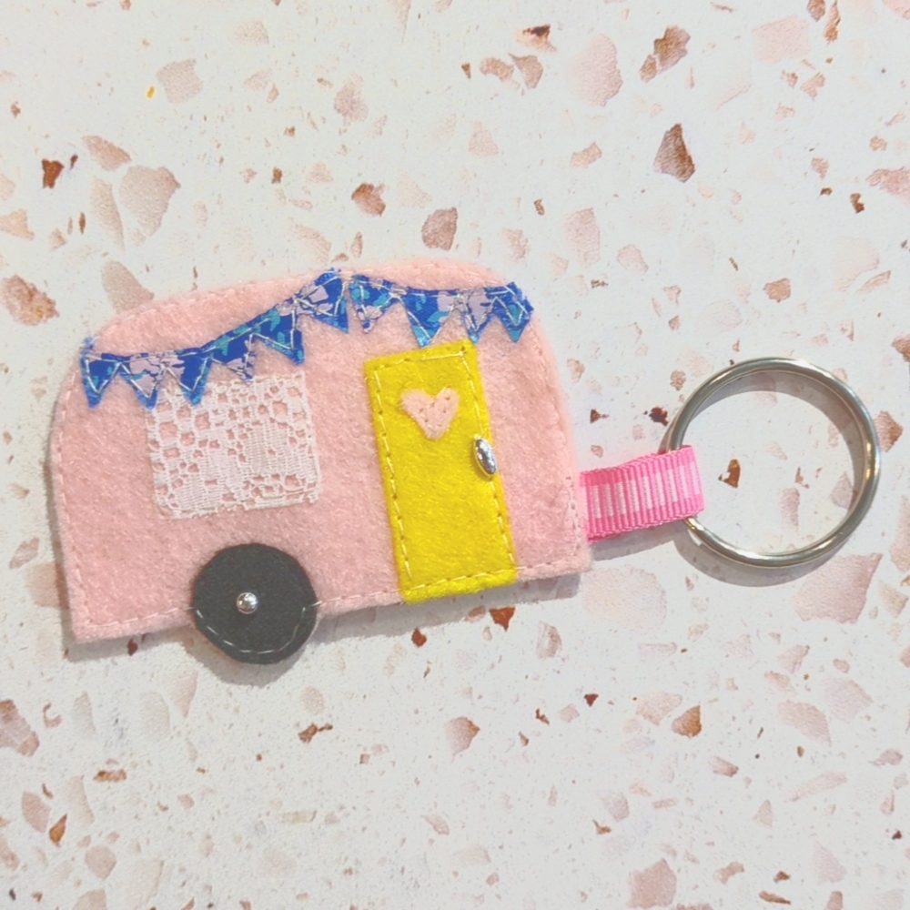 Pink Retro Happy Camper Handcrafted Felt Ribbon Lace Bead Key Fob Gift | New #7